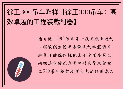 徐工300吊车咋样【徐工300吊车：高效卓越的工程装载利器】